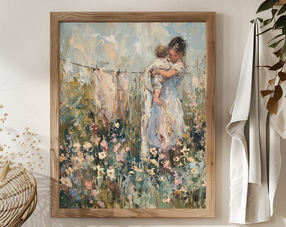 Mother and Child in Flower Garden Laundry Day Painting Poster