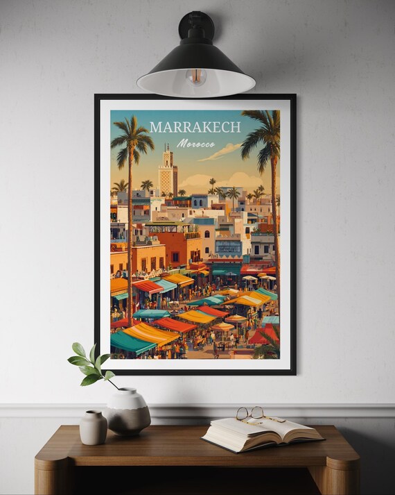 Marrakech Morocco Bustling Market Aerial View City Travel Poster