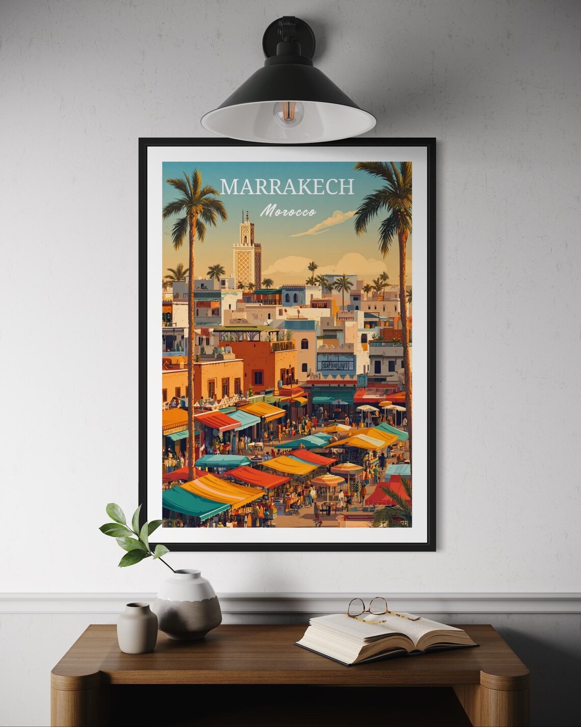 Marrakech Morocco Bustling Market Aerial View City Travel Poster