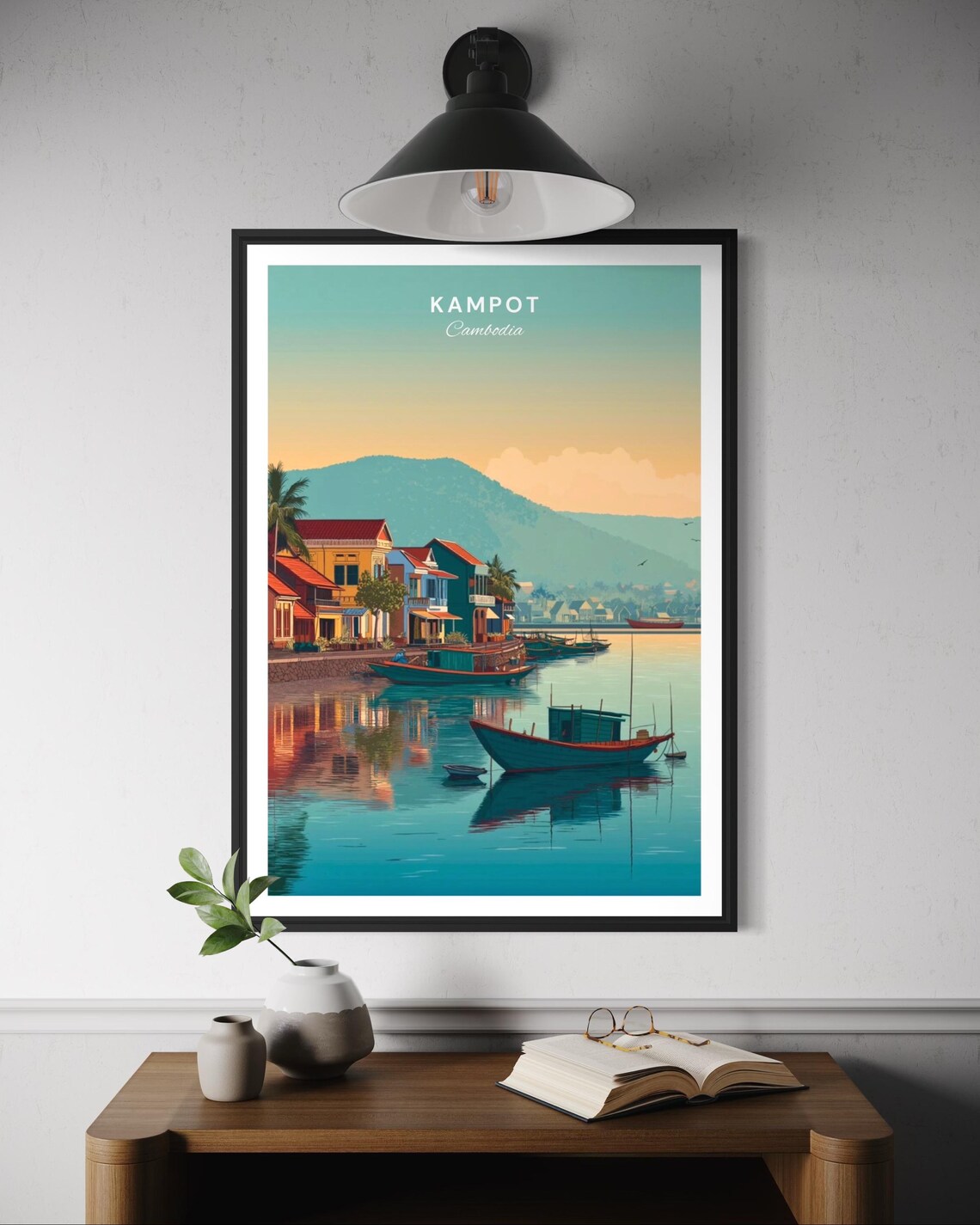Kampot Travel Poster, Cambodia Riverside