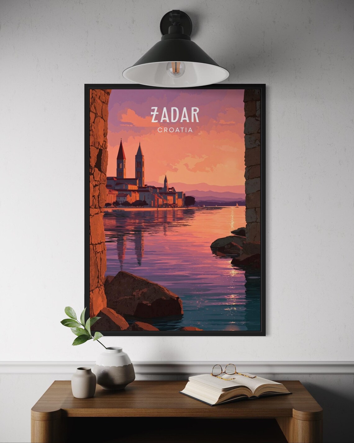 Zadar Croatia Sunset Over Church Towers Stone Arch Seaside Travel Poster