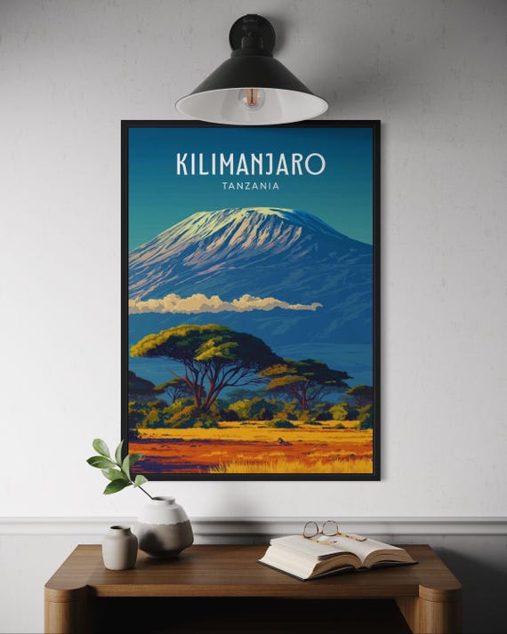 Kilimanjaro Poster Tanzania Travel Wall Art African Mountain Print Safari Landscape Artwork Adventure Decor Nature Illustration