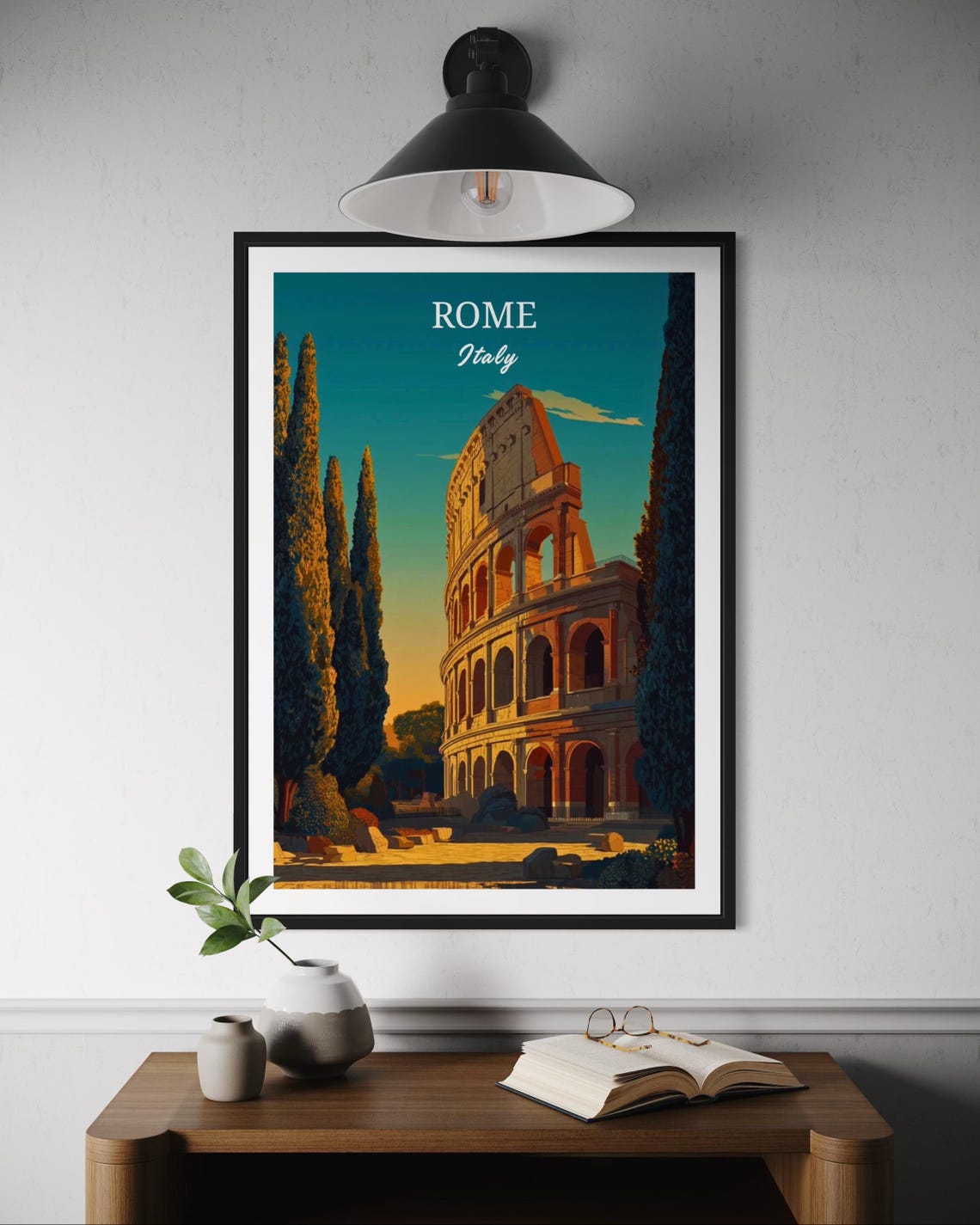 Rome Italy Colosseum Sunset Cypress Trees Bold Vector Travel Poster