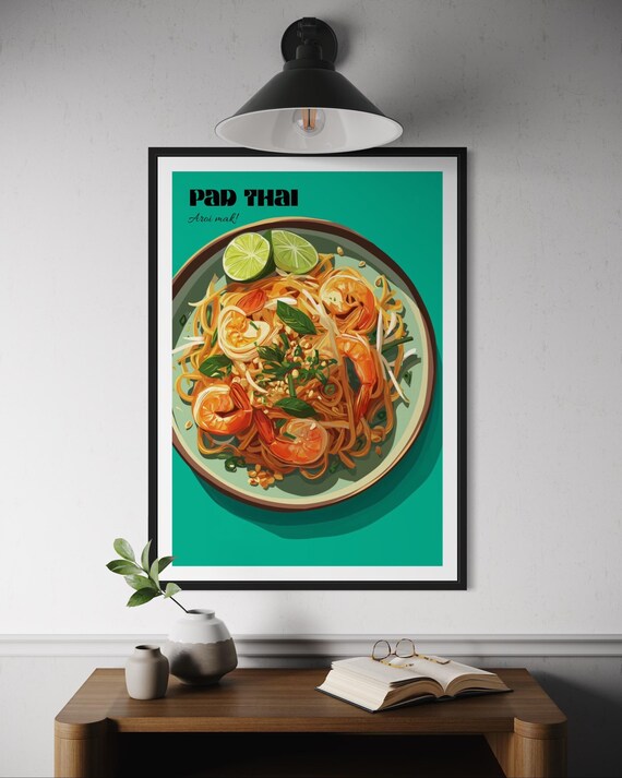 Pad Thai Aroi Mak Shrimp Thai Noodle Dish Retro Food Art Poster