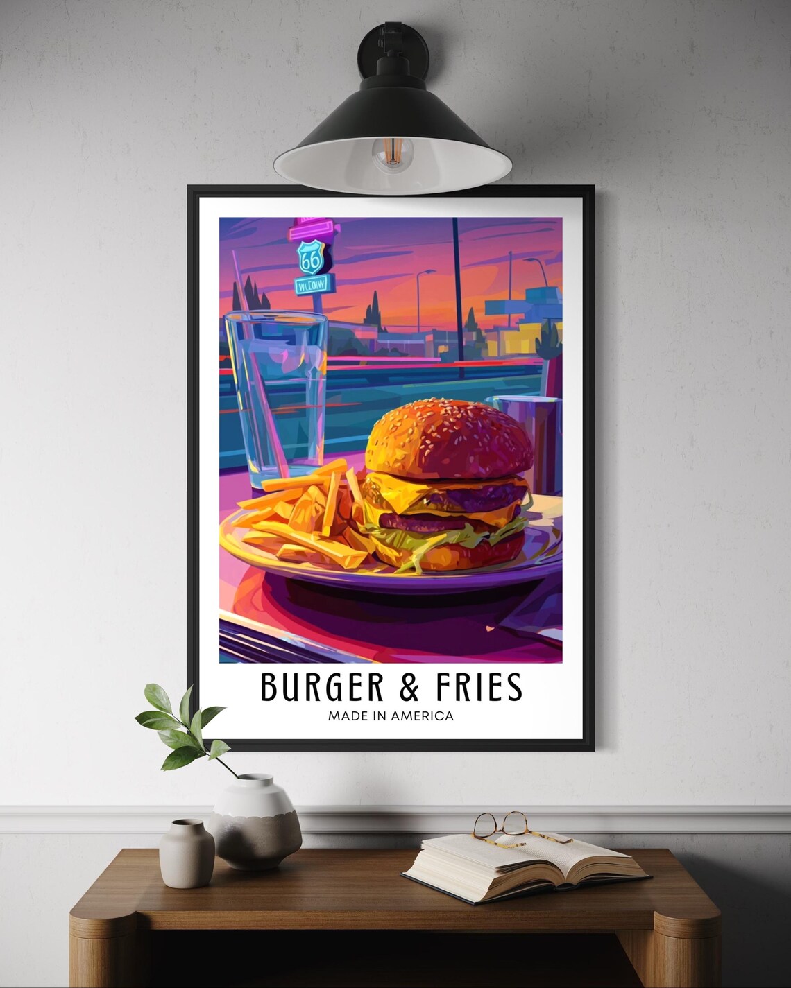 Burger Fries Poster, Retro Diner Route 66 Neon Sign