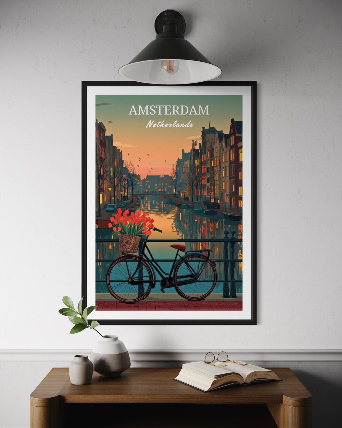 Amsterdam Netherlands Sunset Canal Bike With Tulips Poster Art