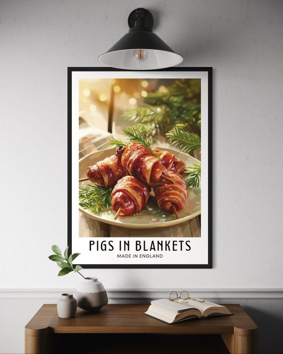 Pigs In Blankets Christmas Poster, Festive Food Illustration