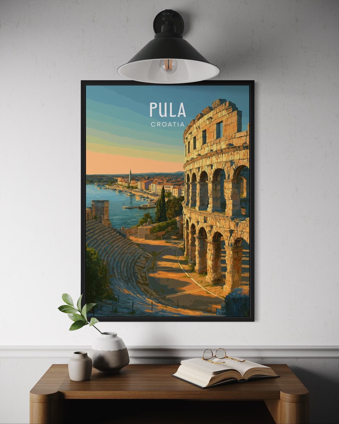 Pula Croatia Roman Amphitheatre Sunset Historic Harbor Vintage Travel Poster