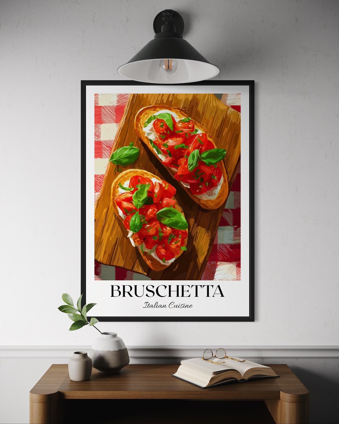 Bruschetta Italian Cuisine Poster Tomato Basil Appetizer Illustration Art