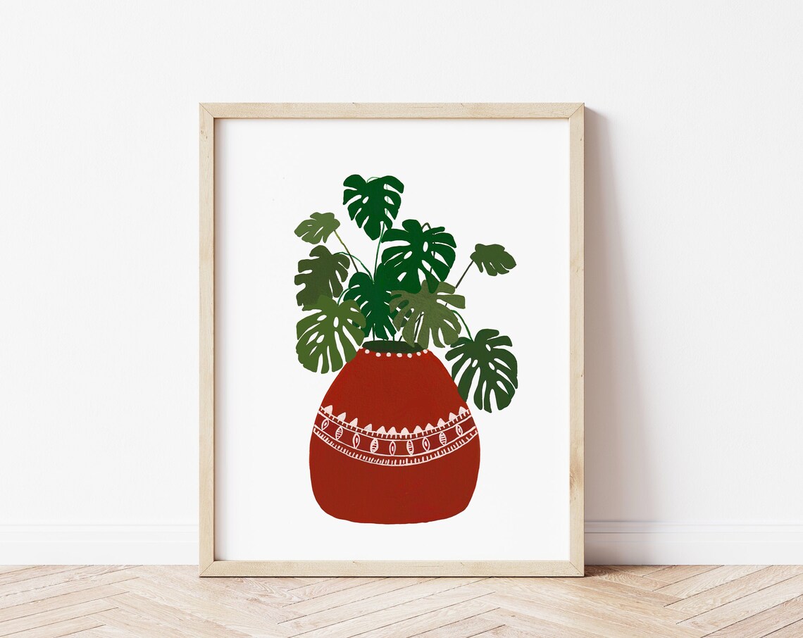 Monstera Deliciosa Plant Poster, Mid-Century Boho Decor