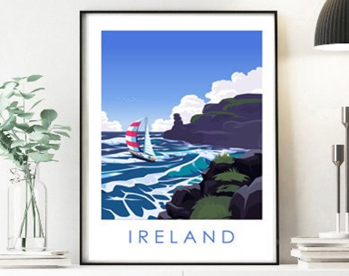 Ireland Sailing Boat Coastal Cliffs Waves Nautical Travel Poster