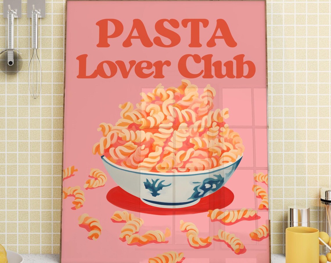 Pasta Lover Club Pink Fusilli Bowl Retro Italian Kitchen Poster - Image 3