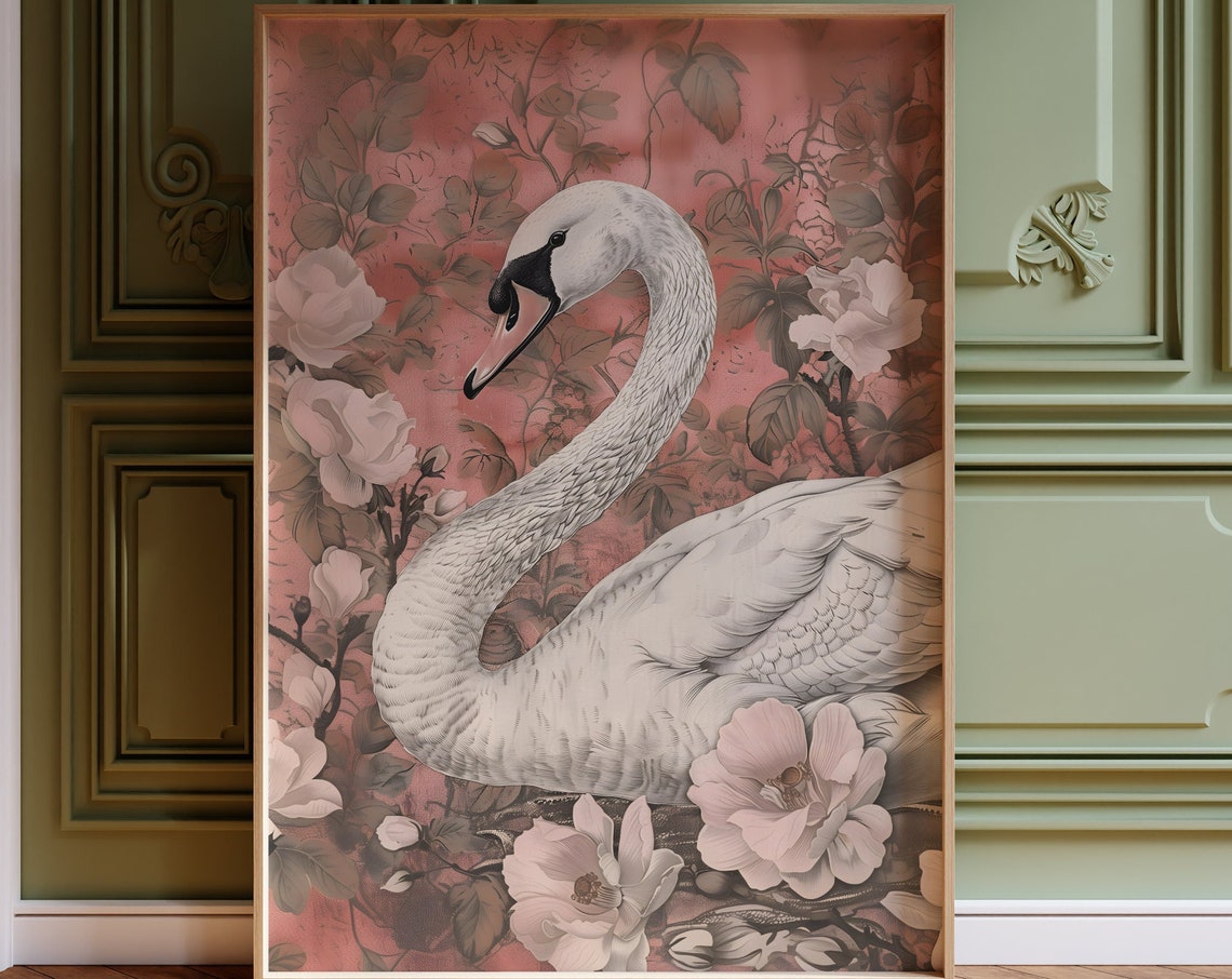 White Swan In S Pose Amid Blush Roses Vintage Floral Art Poster - Image 3