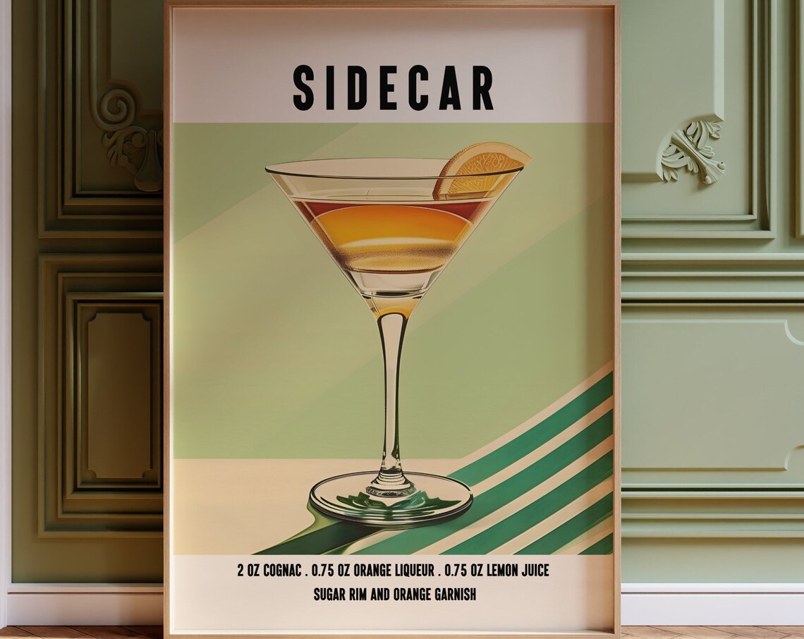 Sidecar Cognac Cocktail Recipe With Sugar Rim In Green Retro Poster - Image 4