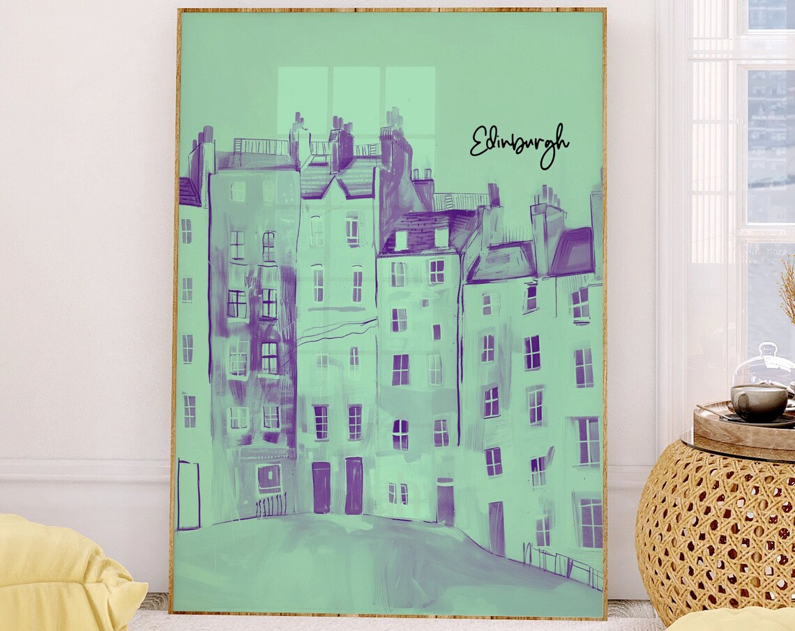 Edinburgh Old Town Buildings Mint Green Sketch Artwork Poster - Image 3