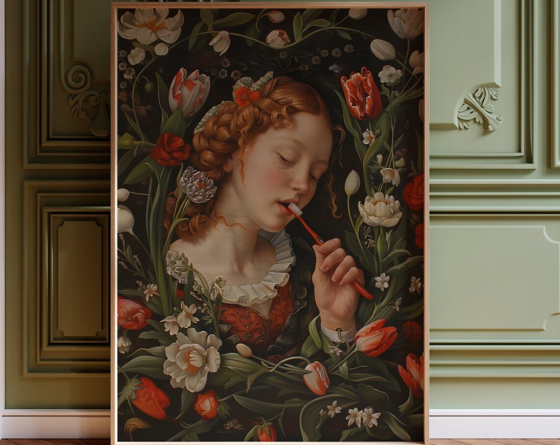 Vintage Girl Brushing Teeth Surrounded By Red Tulips Floral Art Poster - Image 4