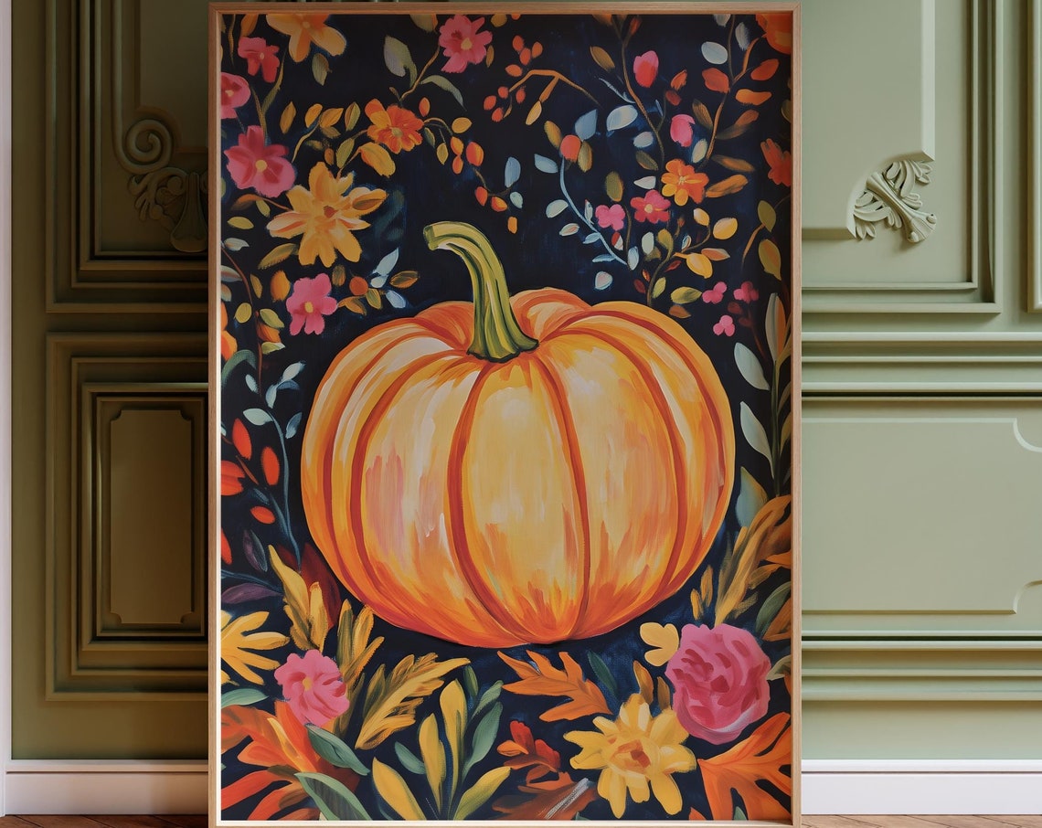 Golden Pumpkin in Fall Florals Dark Navy Botanical Art Poster - Image 4