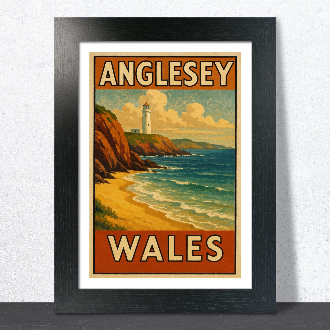 Anglesey Wales Golden Sunset Cliffs Lighthouse Retro Travel Poster