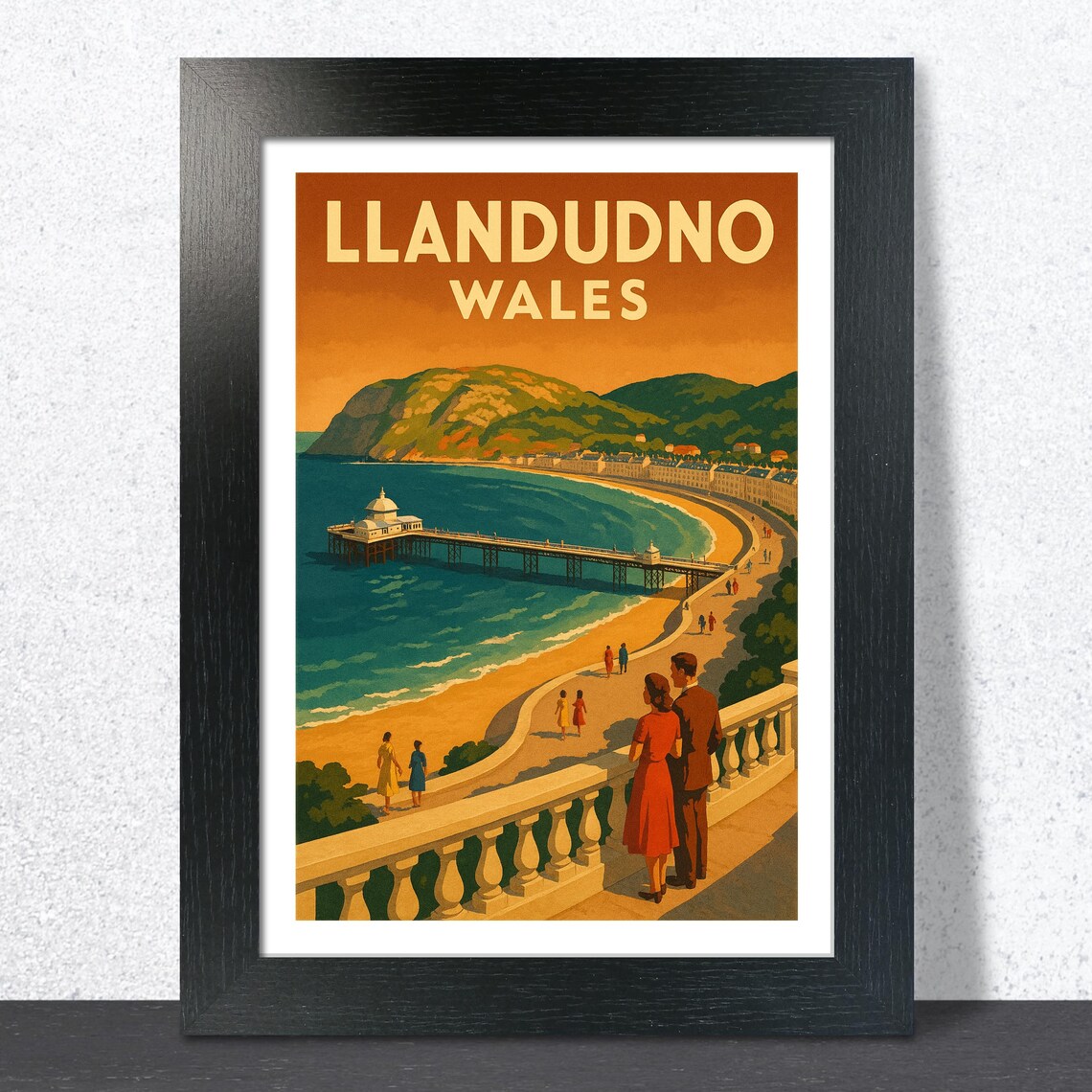 Llandudno Wales Sunset Pier View Couple Balustrade Vintage Poster