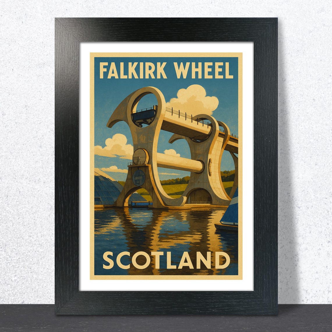 Falkirk Wheel Scotland Daytime Reflections Vintage Travel Poster