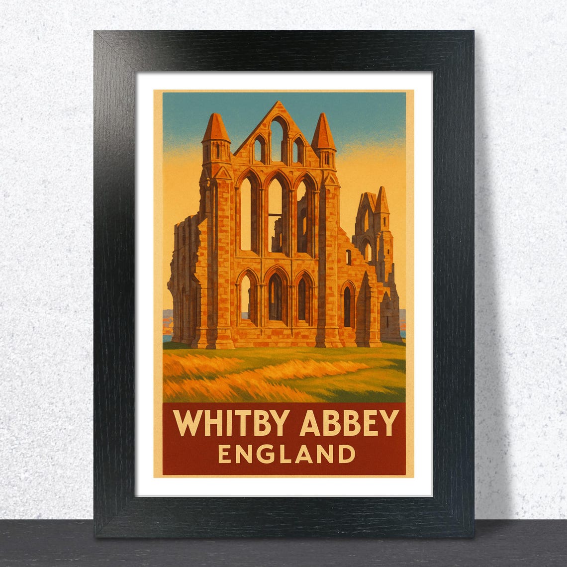 Whitby Abbey England Vintage Travel Gothic Ruins Sunset Scene Poster