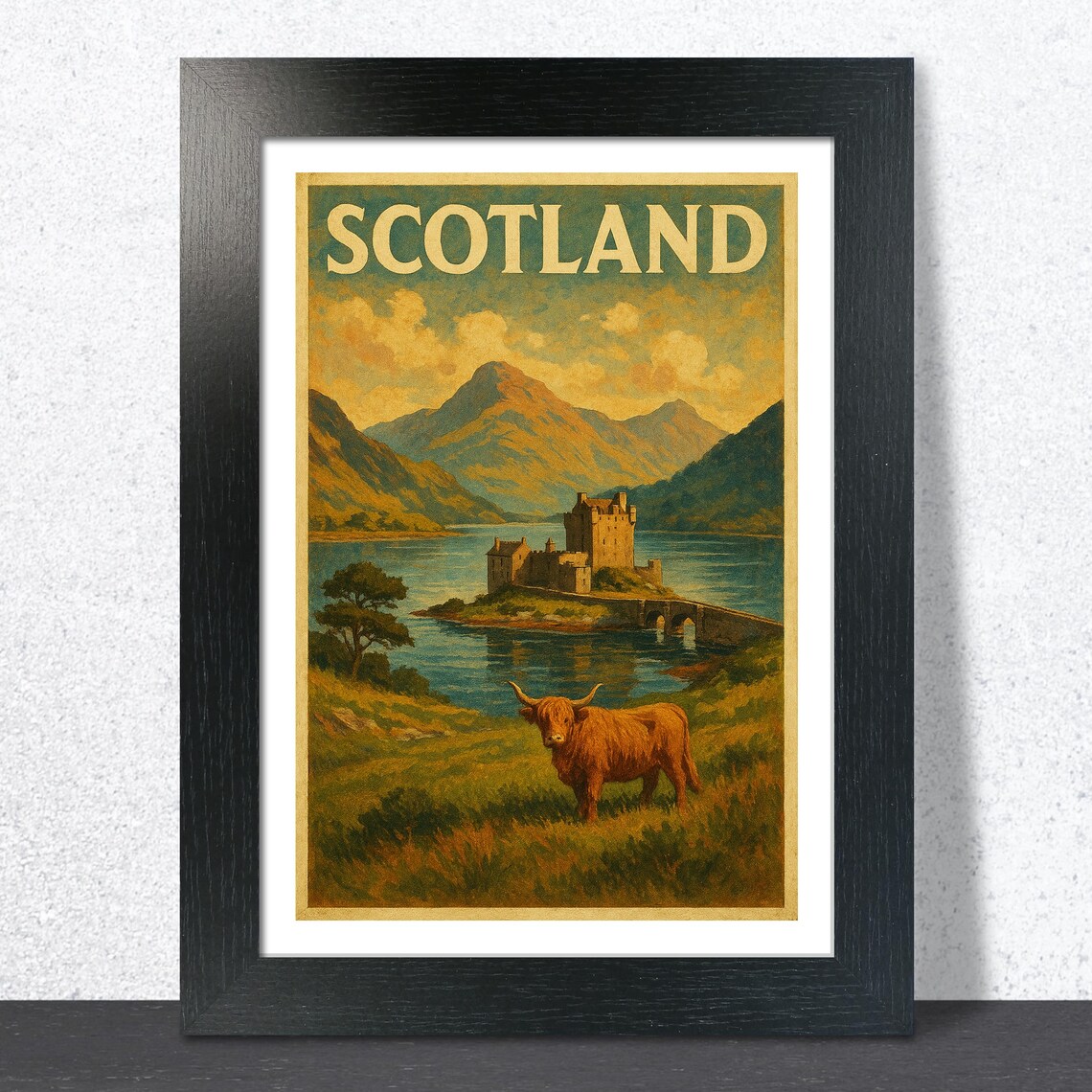 Scotland Highland Castle Loch Vintage Travel Poster Cow Mountains