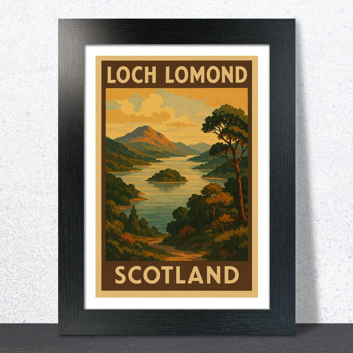 Loch Lomond Island Pine Tree Golden Light Vintage Travel Poster