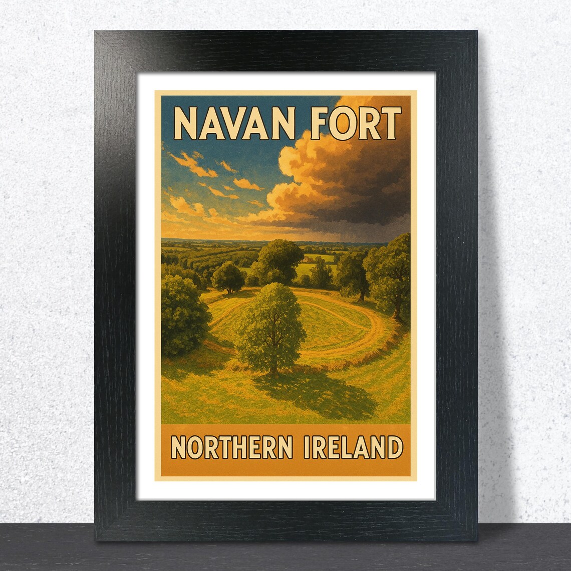 Navan Fort Northern Ireland Golden Hills Sunset Vintage Travel Poster