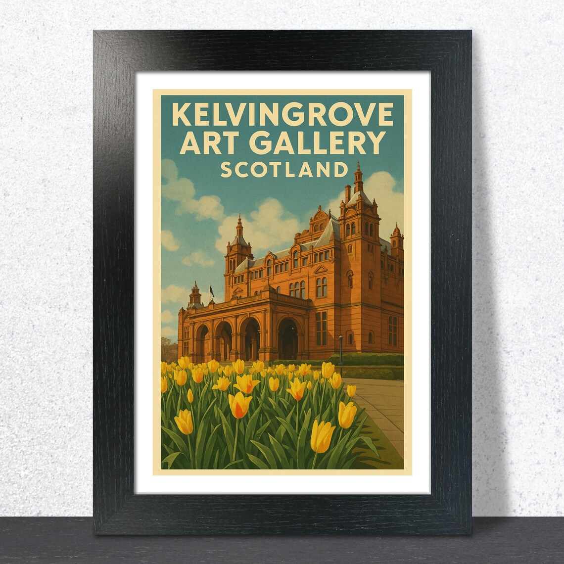 Kelvingrove Art Gallery Scotland Travel Poster Spring Tulips View