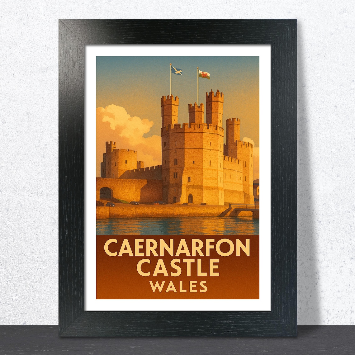 Caernarfon Castle Wales Vintage Travel Poster Sunset Fortress View