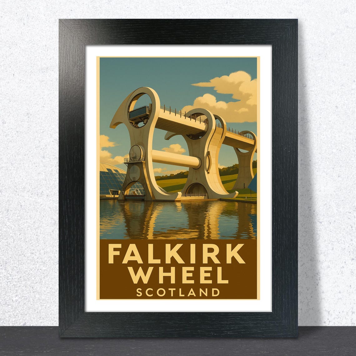 Falkirk Wheel Scotland Engineering Marvel Vintage Travel Poster