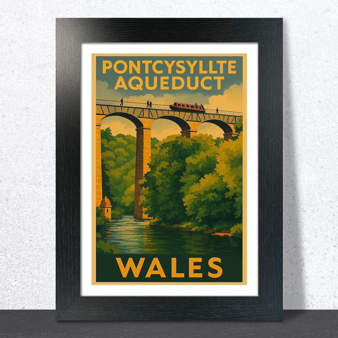 Pontcysyllte Aqueduct Wales Canal Boat Crossing Vintage Travel Poster
