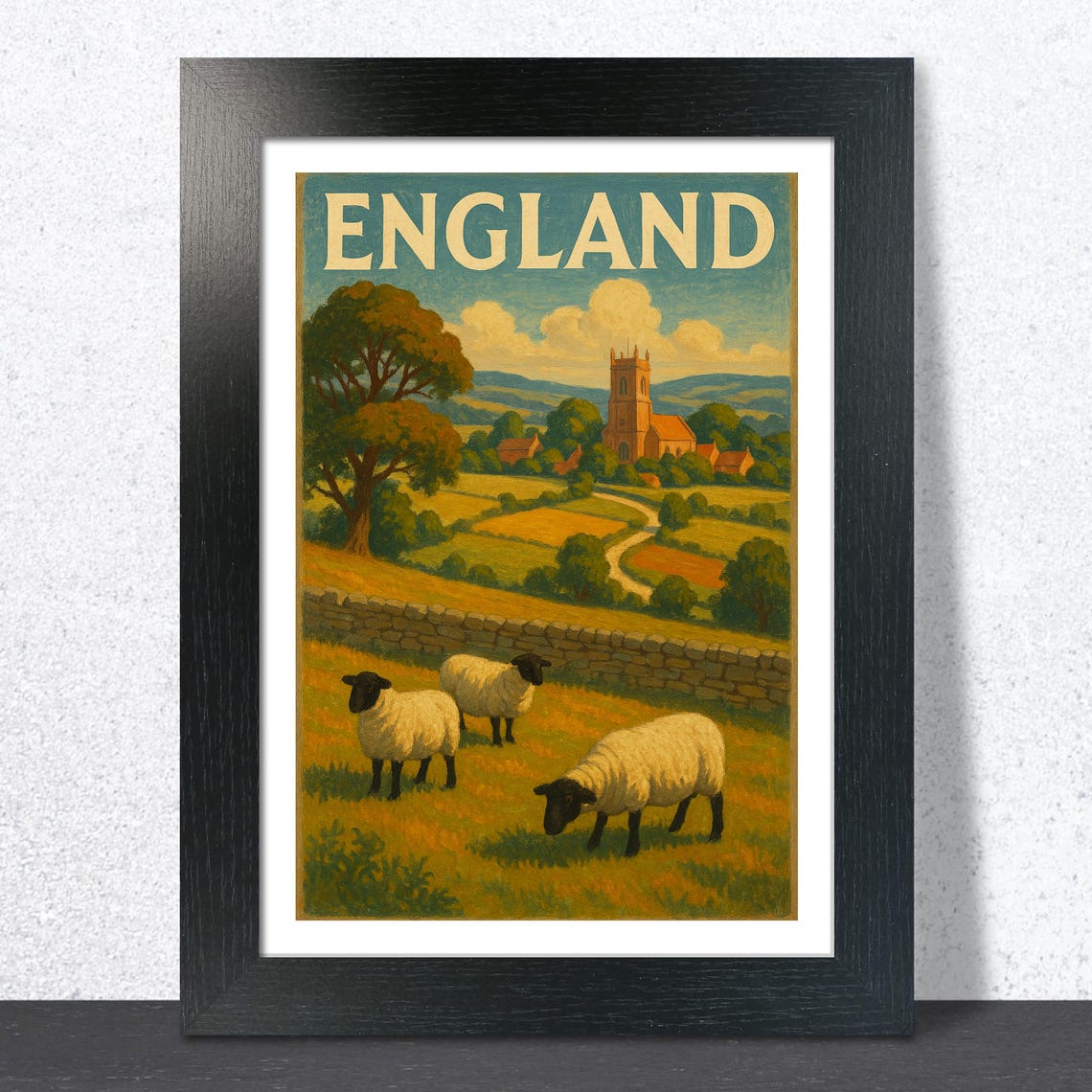 England Countryside Sheep Meadow Church Vintage Travel Poster