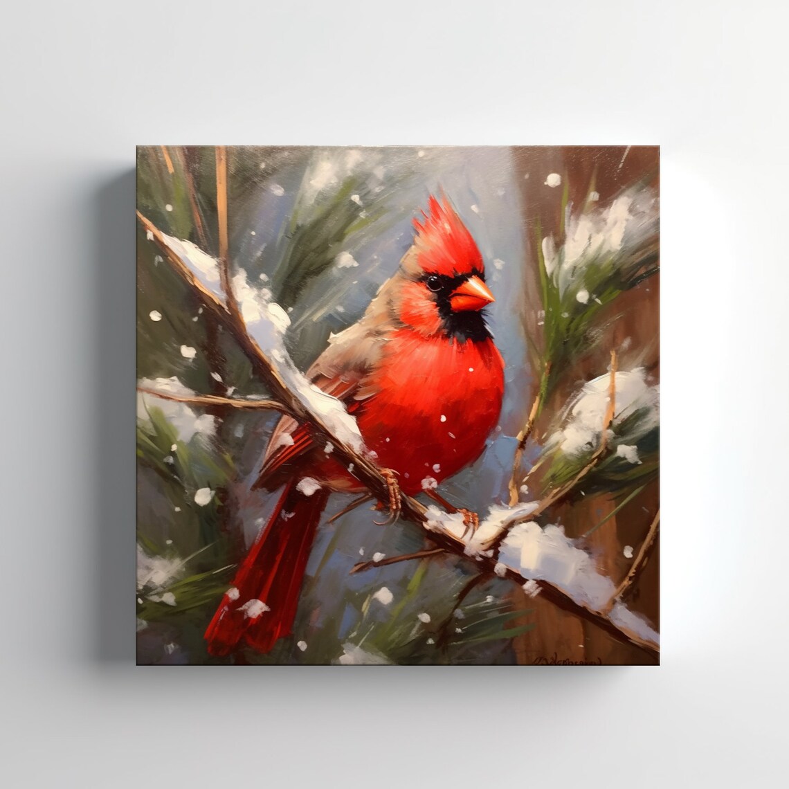 Red Cardinal Bird On Snowy Pine Branch Winter Oil Painting Art Print