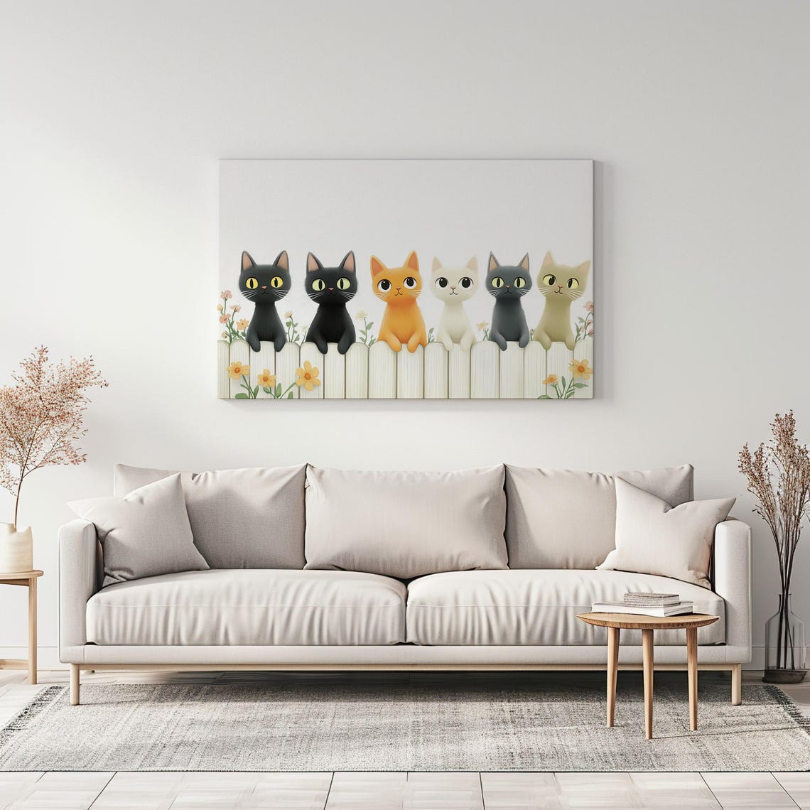 Six Cute Cartoon Cats Sitting On White Picket Fence Nursery Poster - Image 3