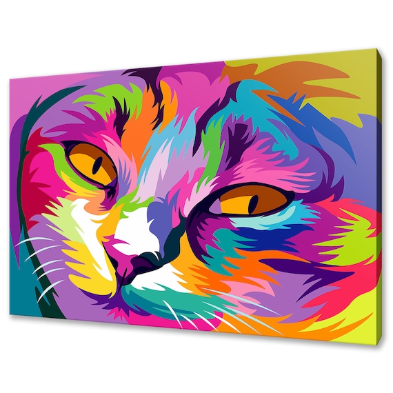 Rainbow Cat Face Pop Art Close-Up Portrait Big Golden Eyes Poster