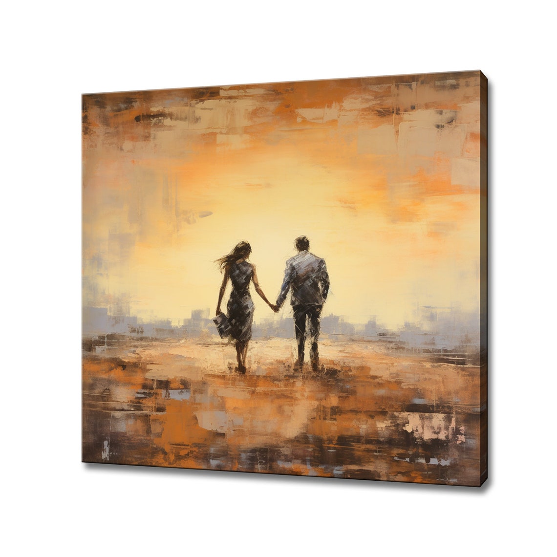 Romantic Couple Holding Hands Walking Into Sunset Oil Painting Print