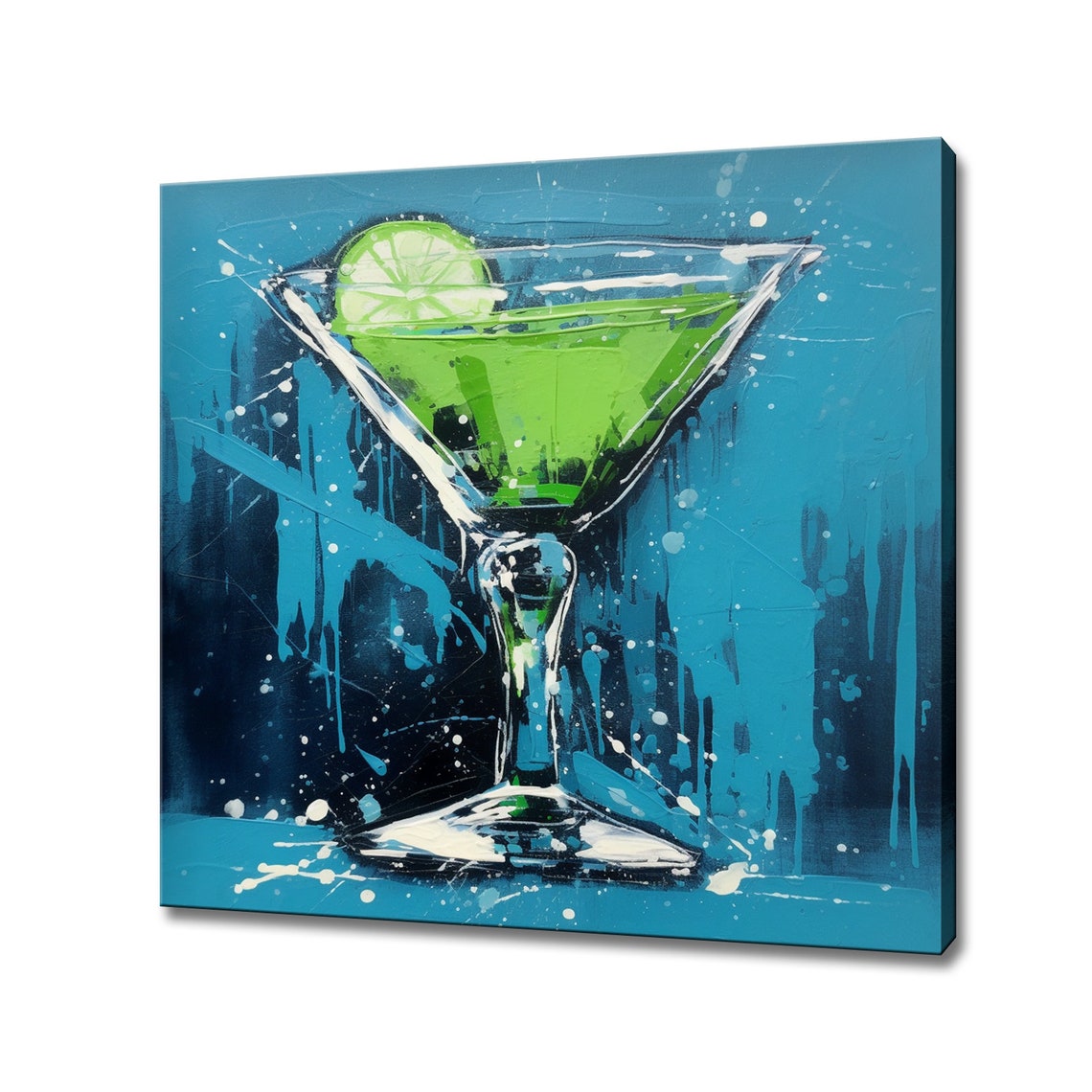Green Cocktail In Stemmed Glass Bold Blue Drip Bar Wall Art Print