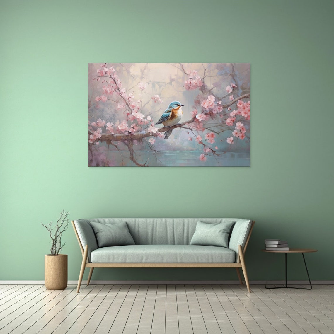 Cute Blue Bird On Pink Blossom Branch Spring Wall Art Poster - Image 2