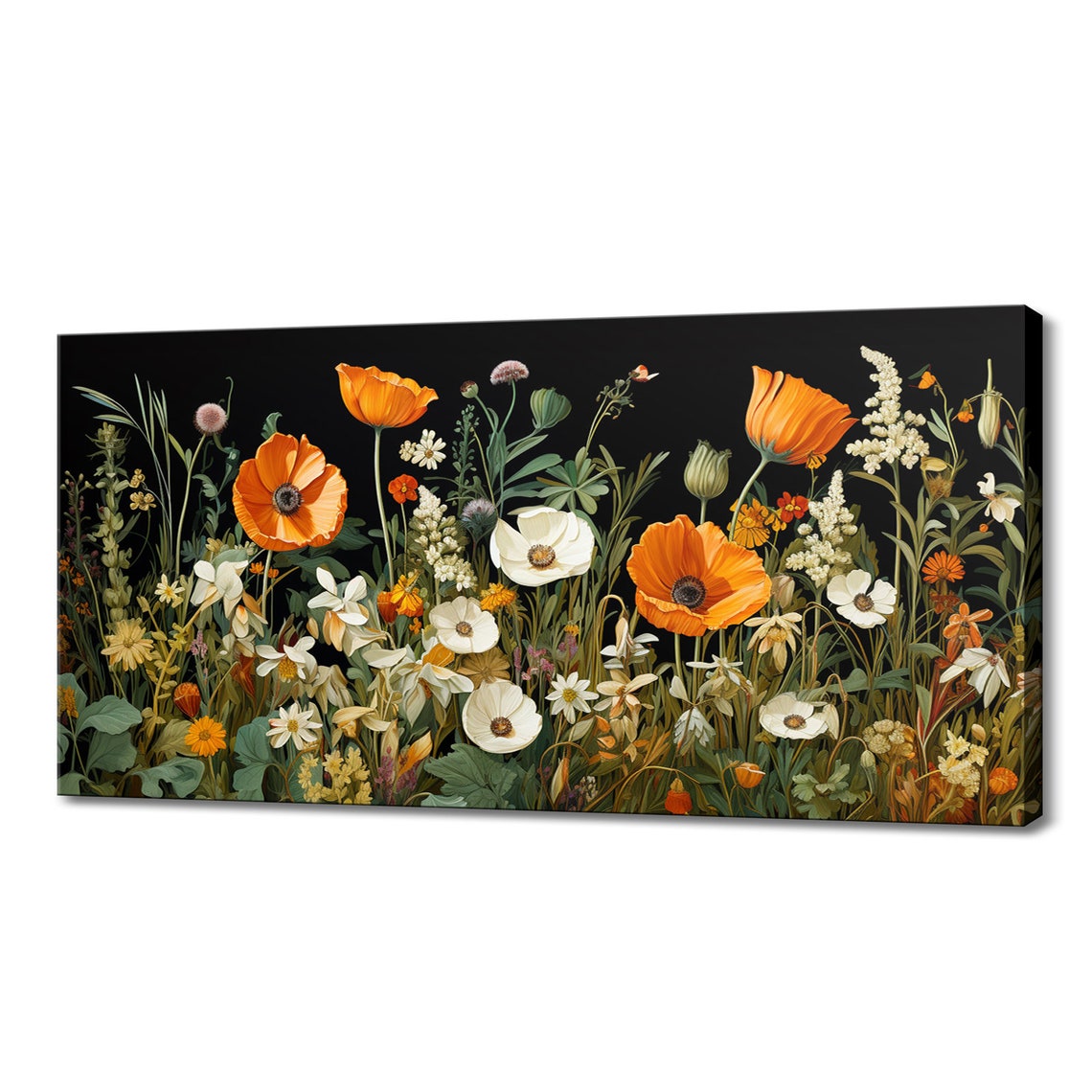 Orange White Wildflowers Black Background Botanical Night Art Poster