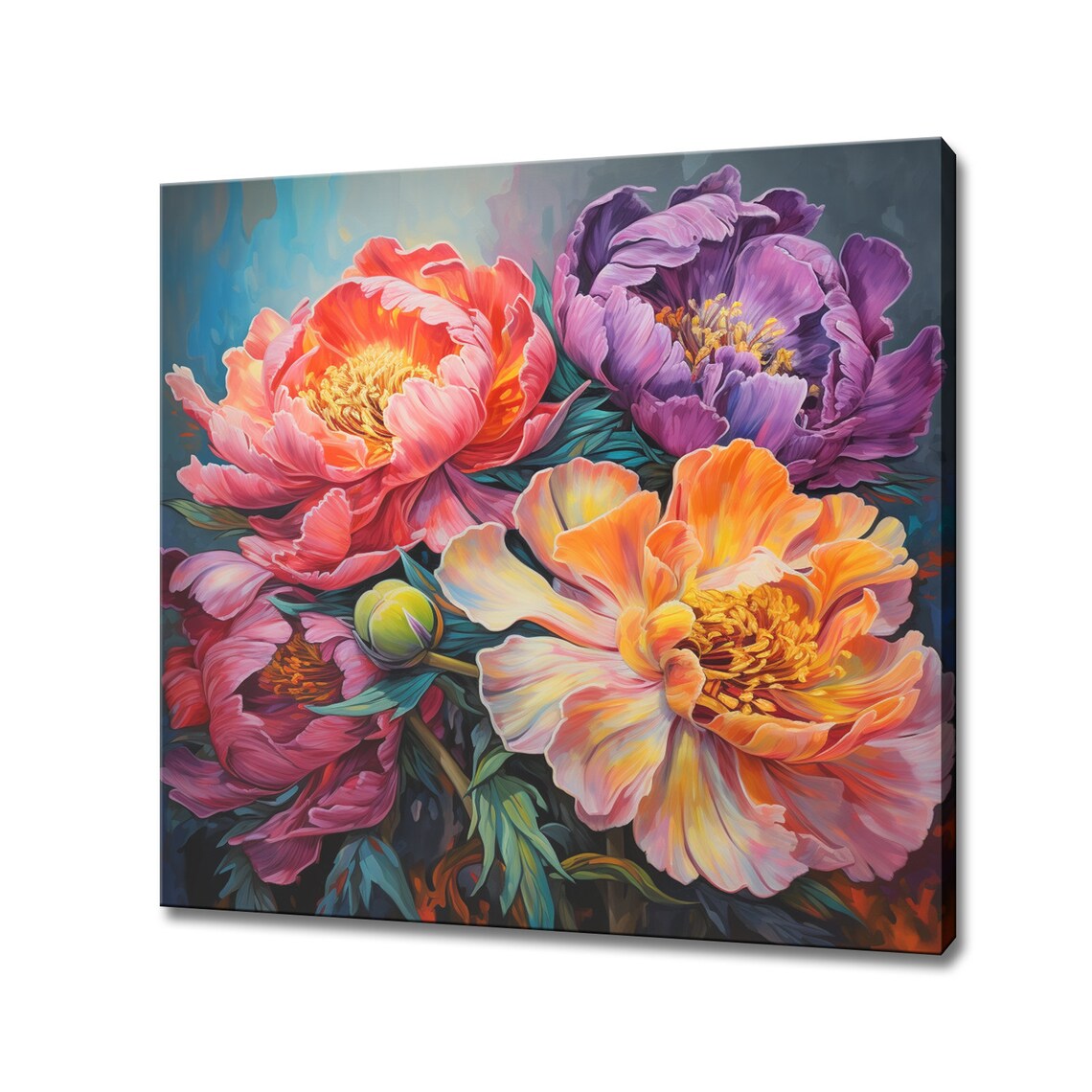 Lush Peony Blooms Coral Orange Purple Detailed Floral Art Print Poster