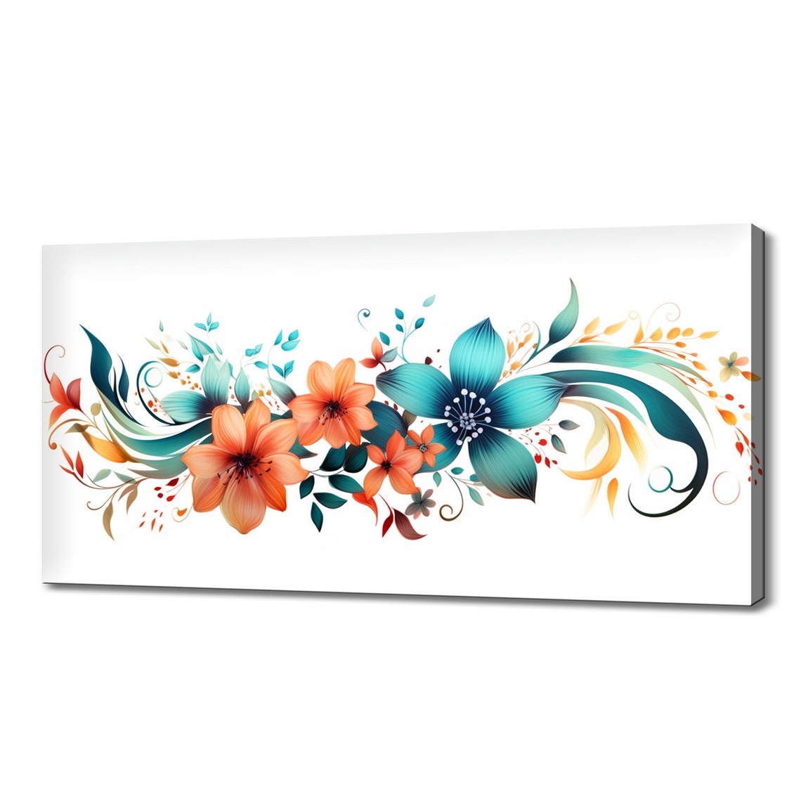 Teal Orange Stylized Flowers Modern Floral Illustration Art Poster