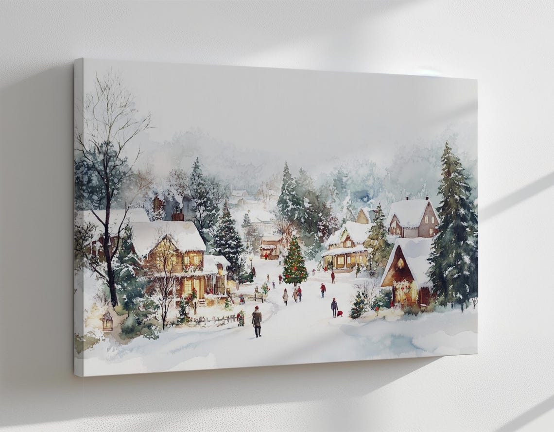 White Snowy Christmas Village Houses Vintage Painting Print Countryside Moody Print Living Room Wall Art Farmhouse Decor Art - Image 4