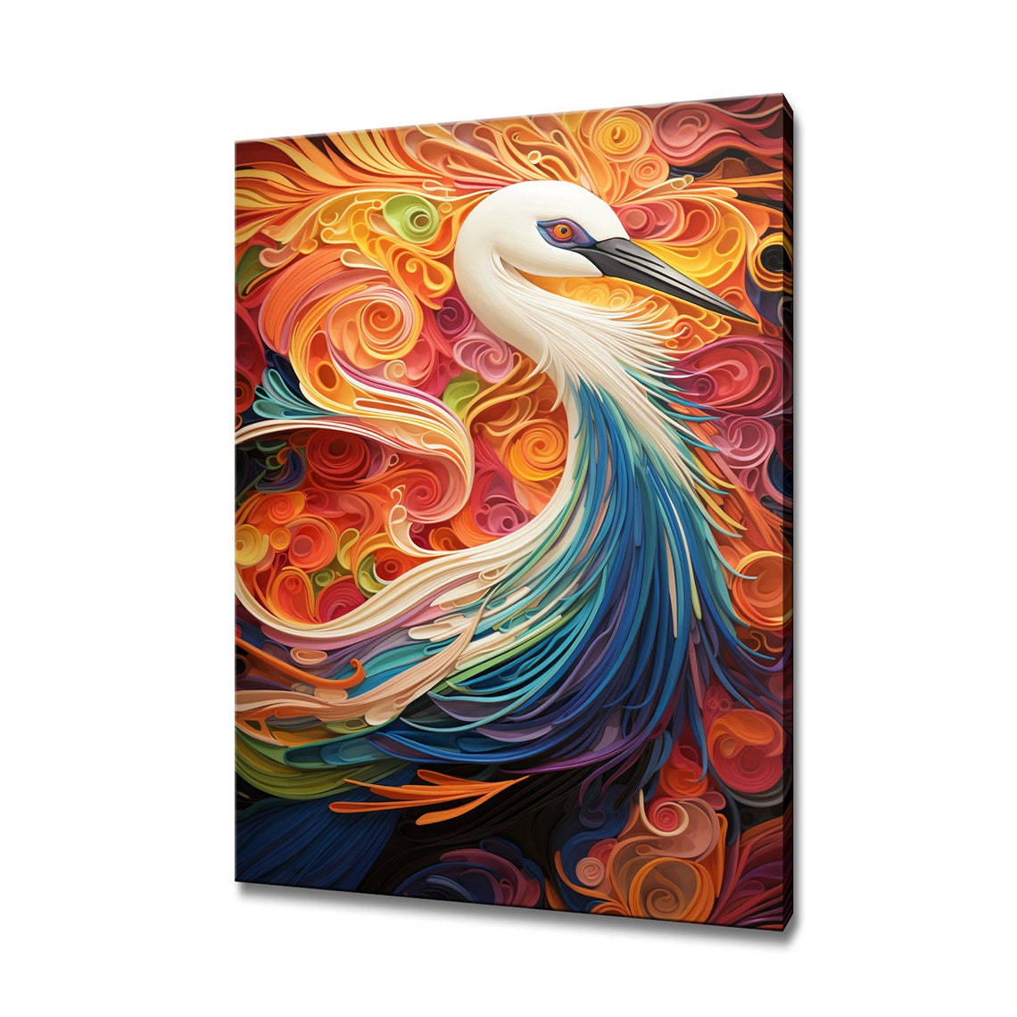 Vivid White Crane Bird Colorful Abstract Feather Swirl Art Poster