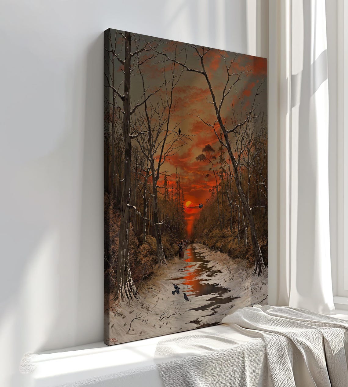 Sunset Over Winter Forest Snowy Path Vintage Landscape Poster - Image 2