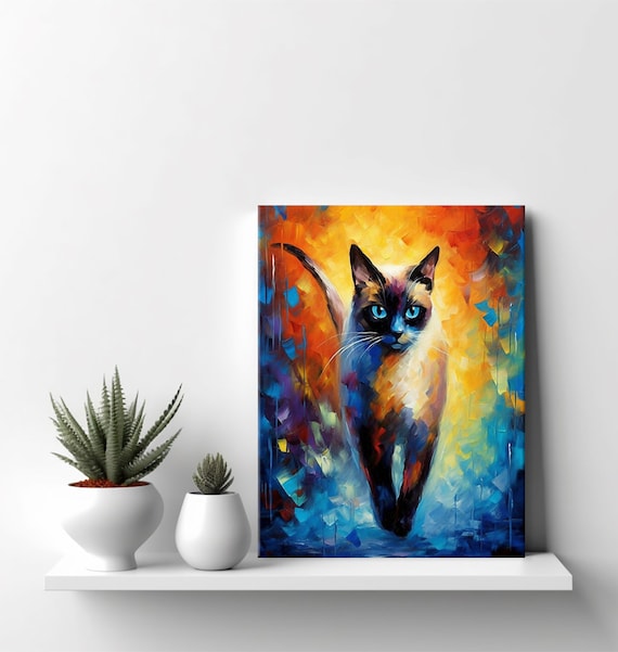 Siamese Cat Palette Knife Portrait Bold Blue Orange Abstract Wall Art Poster