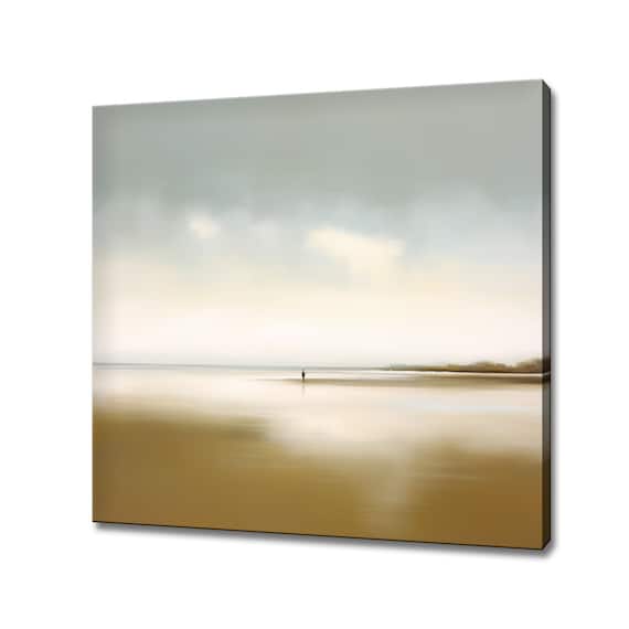 Lone Walker On Misty Golden Beach Serene Minimalist Coastal Poster