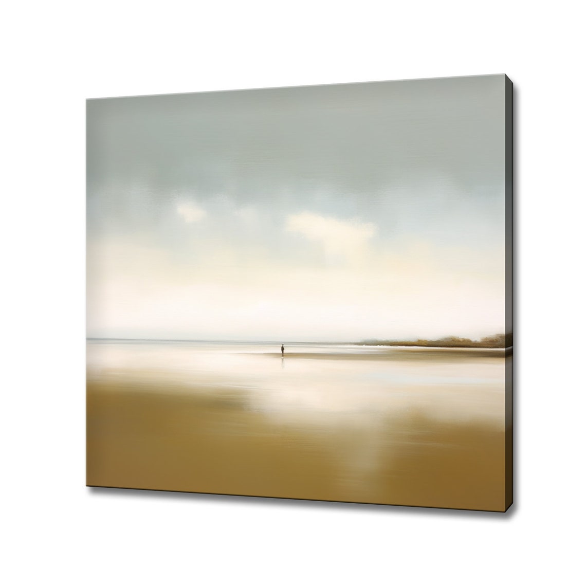 Lone Walker On Misty Golden Beach Serene Minimalist Coastal Poster
