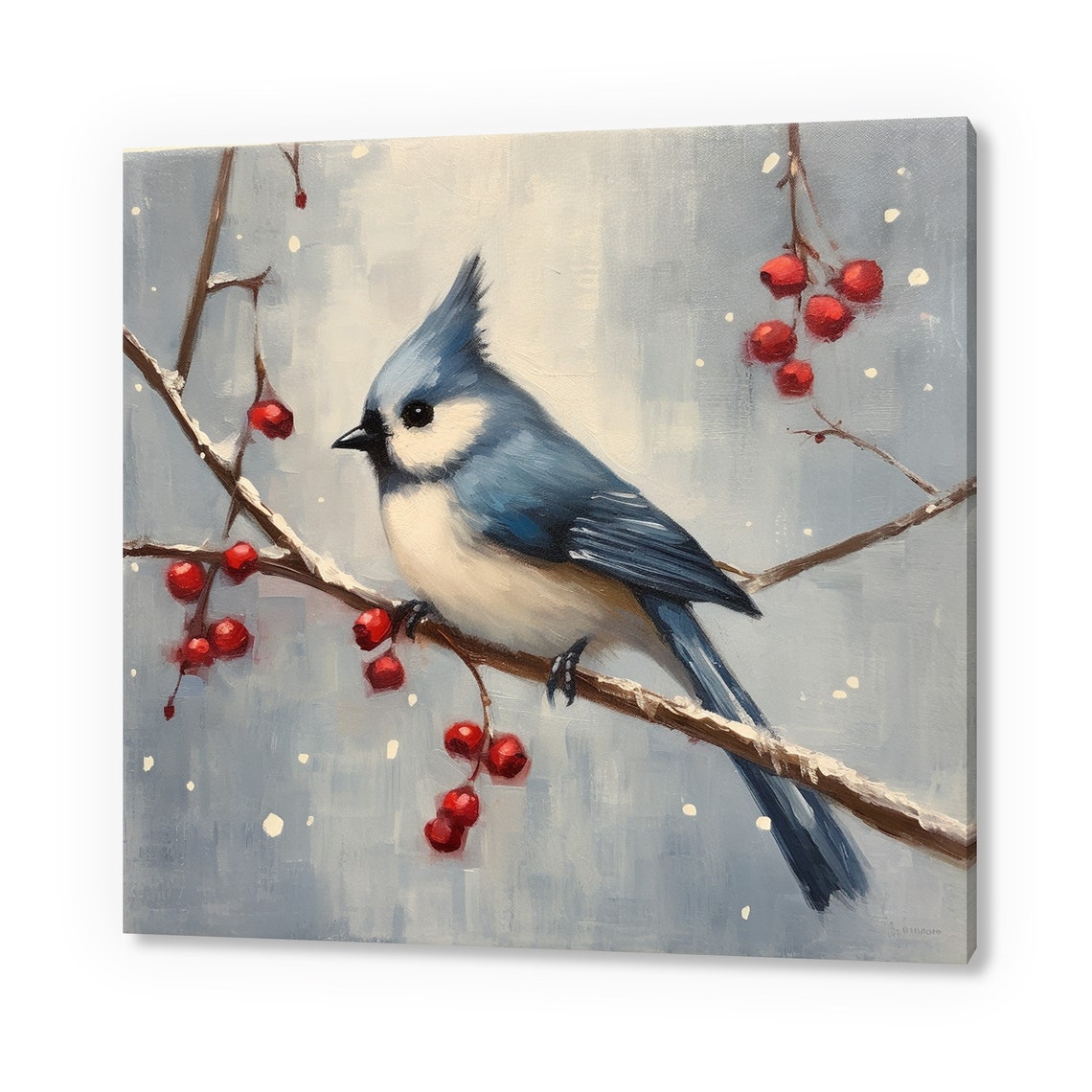 Tufted Titmouse Bird On Snowy Branch With Red Berries Winter Art Print
