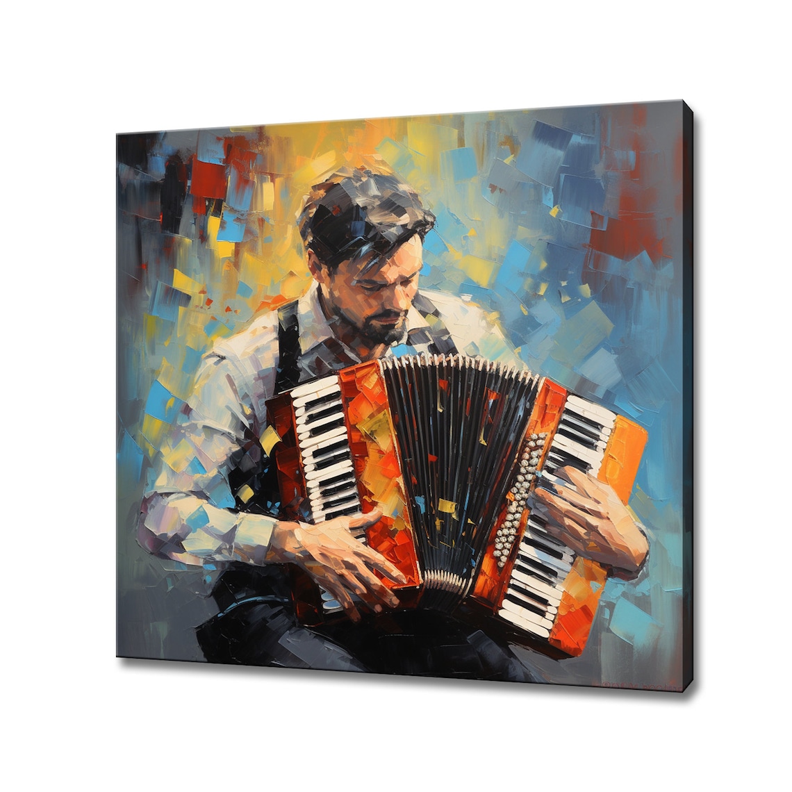 Accordion Musician Portrait Colorful Impasto Oil Painting Style Music Poster